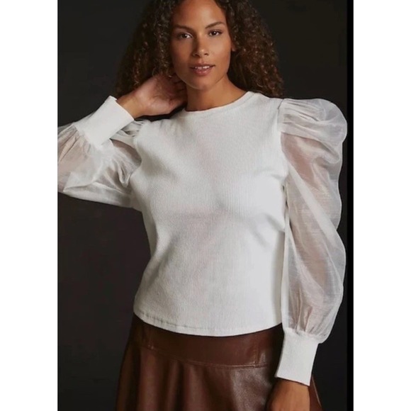 Anthropologie Dolan Sheer Puff Sleeve Ribbed Top Sweater Organza Ivory White‎ S - Picture 5 of 15